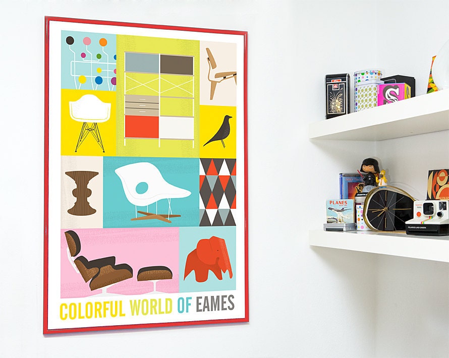 Mid Century poster, Eames print,  retro decor, Modernist, Colorful print, art for nursery,  happy,  A3