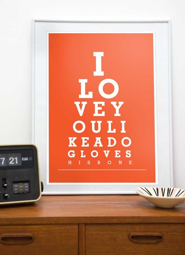 Anniversary gift. Dog art. Eyechart. Inspiring positive quote. Love. Typographic print. Custom color - I love you like dog loves his bone