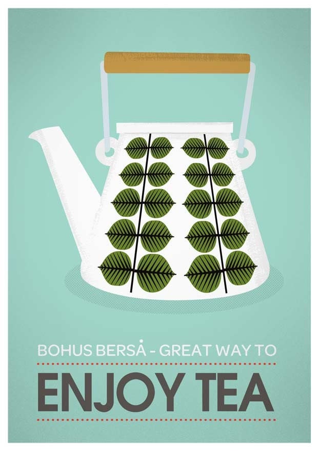 Art for Kitchen, Tea print, Tea poster, kitchen decor, mid century modern art, tea quote, Stig Lindberg - Enjoy Tea retro poster A3