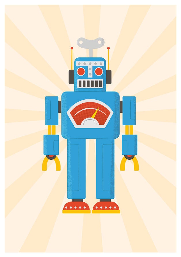 Robot art print, nursery art, retro decor, kids room art, playroom poster, vintage robot illustration Retrobot A3