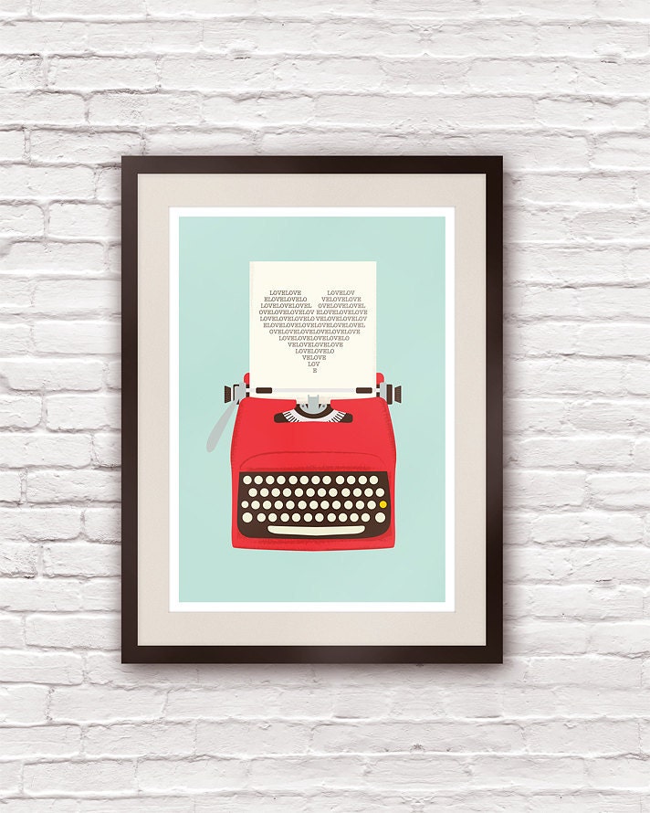 Vintage typewriter poster, mid century art, Retro print, heart print, words, pop art, posters with typewriters A3