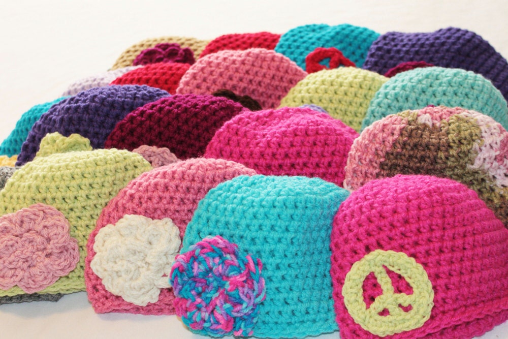 Crochet Beanie Hat  -  Toddler Beanie - Flower Beanie - Peace Sign Hat - You Choose Color and Design