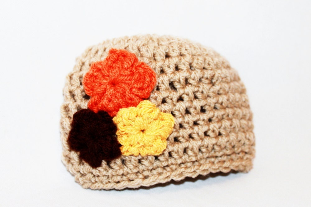 Newborn Crochet Hat Infant Girl Baby Tan Flower Beanie Hat  Taupe Orange Yellow Brown Bouquet Autumn made to order - MyStitchInTime