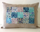 Blueberry Liberty of London Patchwork Pillow on Natural Linen. 12x16