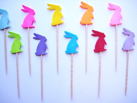 24 Bright Standing Bunny Rabbits Party Picks - Cupcake Toppers - Toothpicks - Food Picks - die cut punch FP146