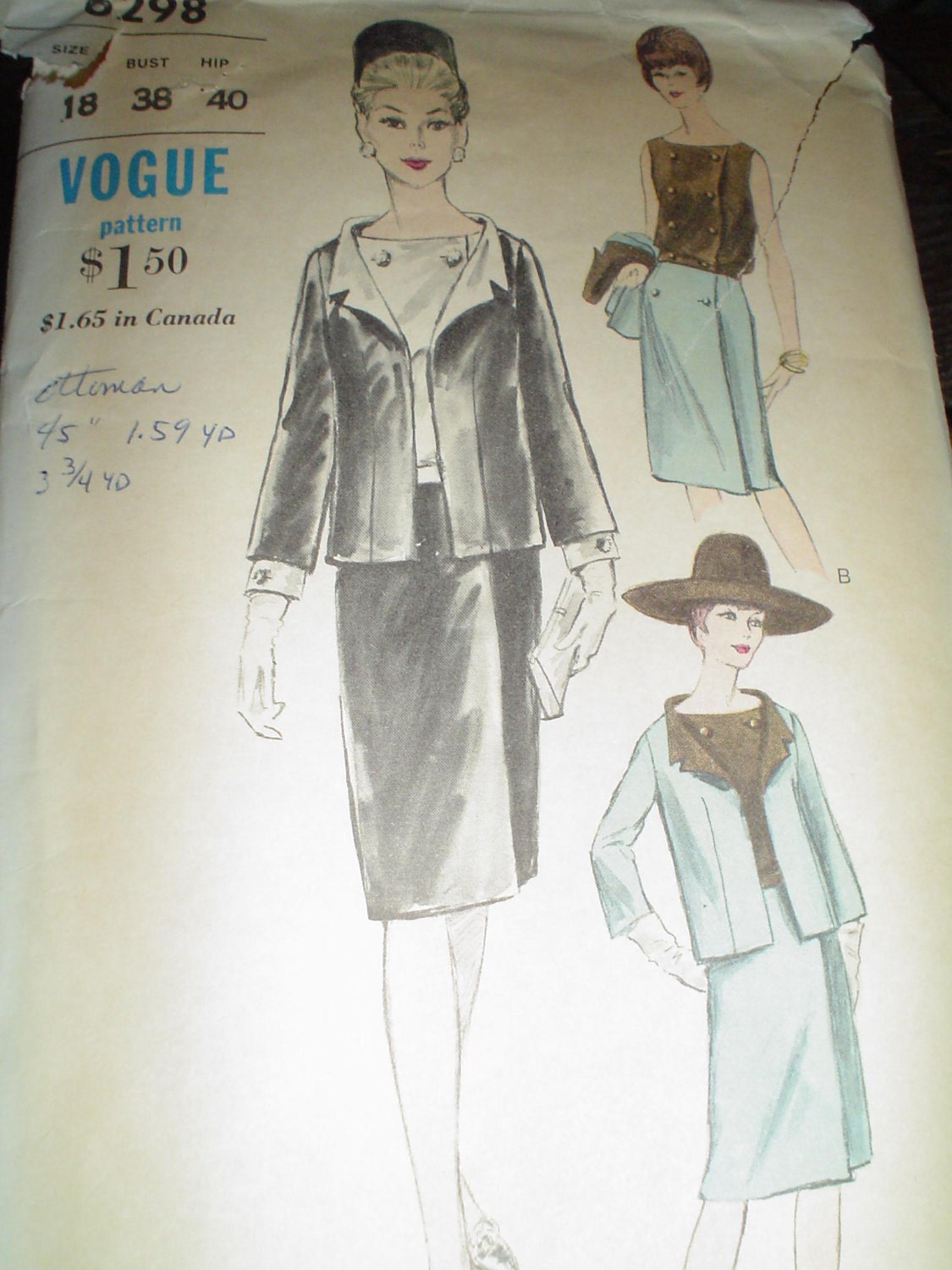 Vintage Vogue Pattern No. 6298 Size 18 Suit & Blouse