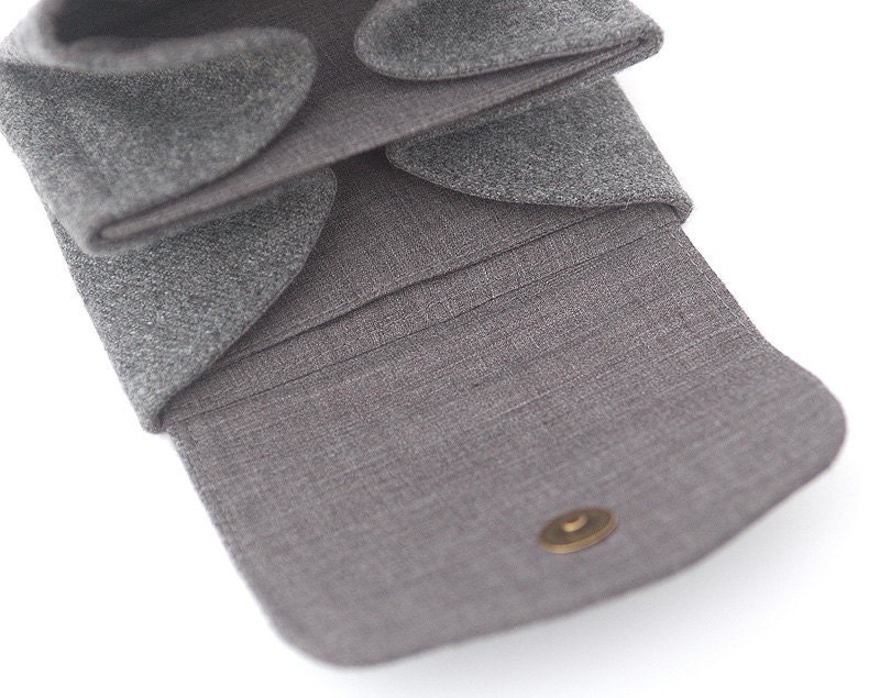 Gray Wool Tweed Wallet with White Felt Applique Flower. Folding Coin Purse with diamond look jewel