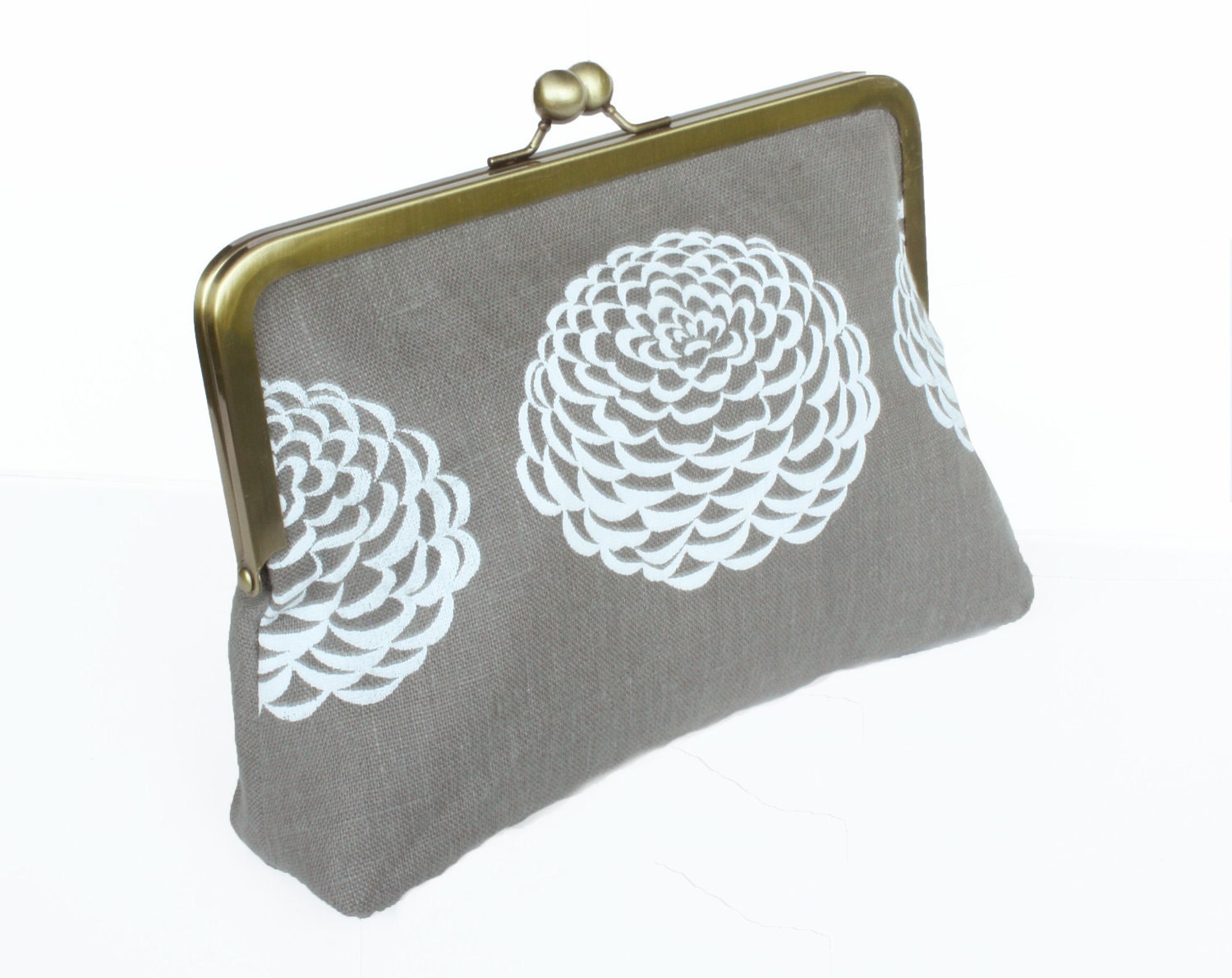 Gray Clutch Purse with White Flowers - Dahlia Grey and White Wedding Clutch - Original Screen Print
