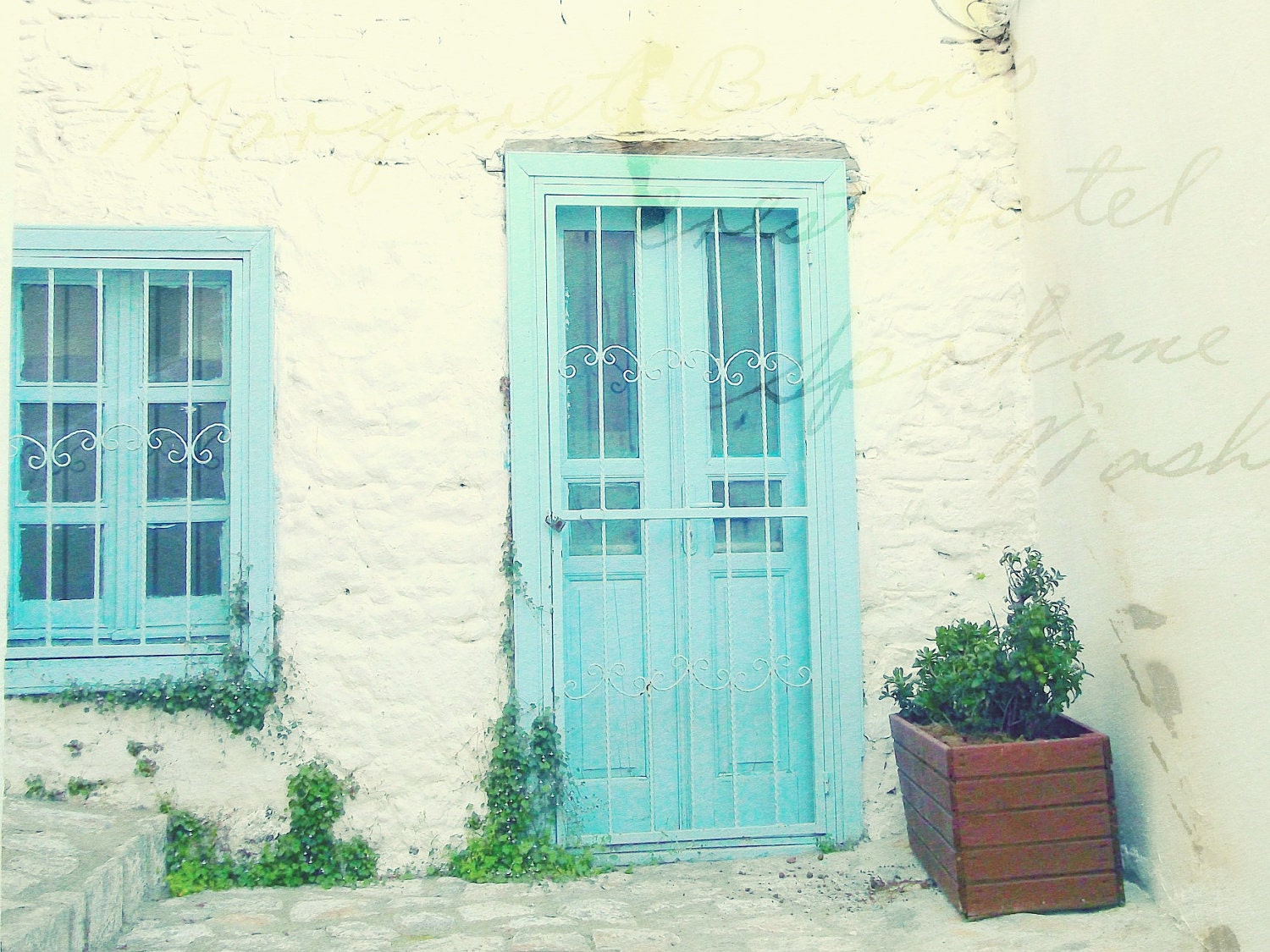 Blue Door - Romantic Home Decor - Vintage Look - Mediterranean White House - Castle Streets - Fine Art Photography 8x10 (20x25cm)