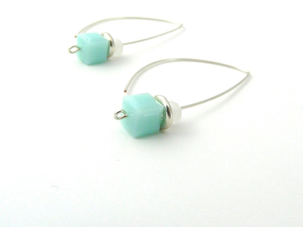mint green swarovski cube silver earrings
