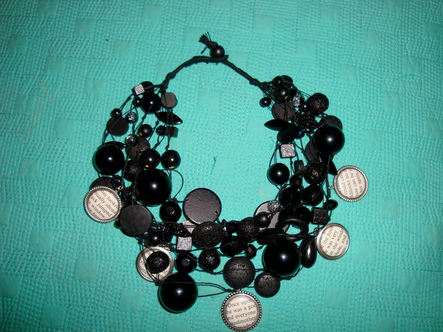 Handmade Bead  statement necklace with charms ( Black, cream, cameos) - creativedesignsstore