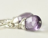 Natural Amethyst Gemstone Earrings in Sterling Silver, Wire Wrapped, Faceted Stone, Lilac, Simple, Short