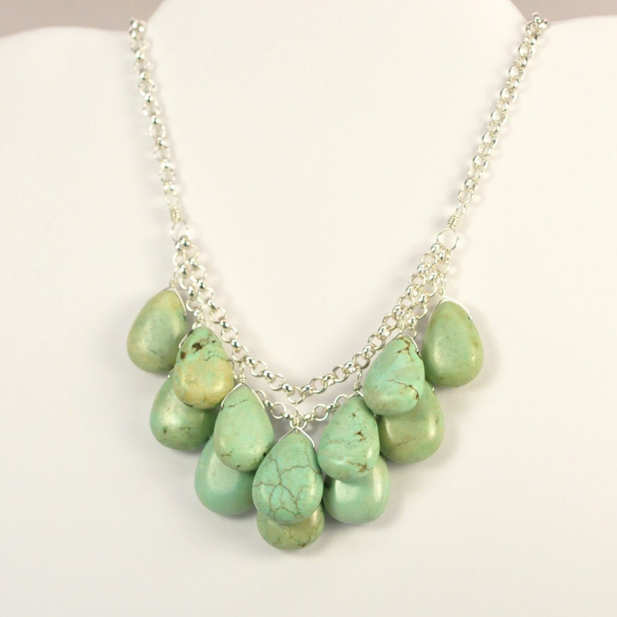 Mint Green Necklace, Statement, Wire Wrap Stones, Layered, Bib Style, Glamorous Night Out, Sterling Silver, Turquoise, Kristin Noel Designs