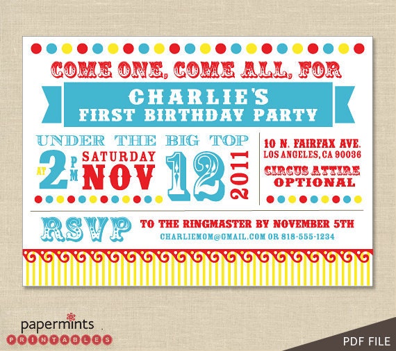 PRINTABLE Vintage Circus Dots Birthday Party Invitation