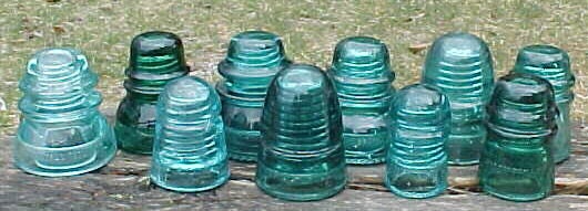 c1890-1940s Collection of 16 Different Glass Insulators Aqua, Blue and Clear Lot 2