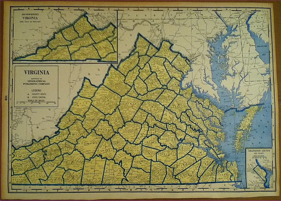 Large 20.75" x 14.5" Map Virginia Vintage 1967 FREE SHIP USA