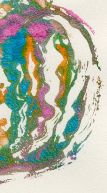 SPECIAL OFFER Hand-burnished monotype cat form in funky green, blue, pink on recycled repurposed paper