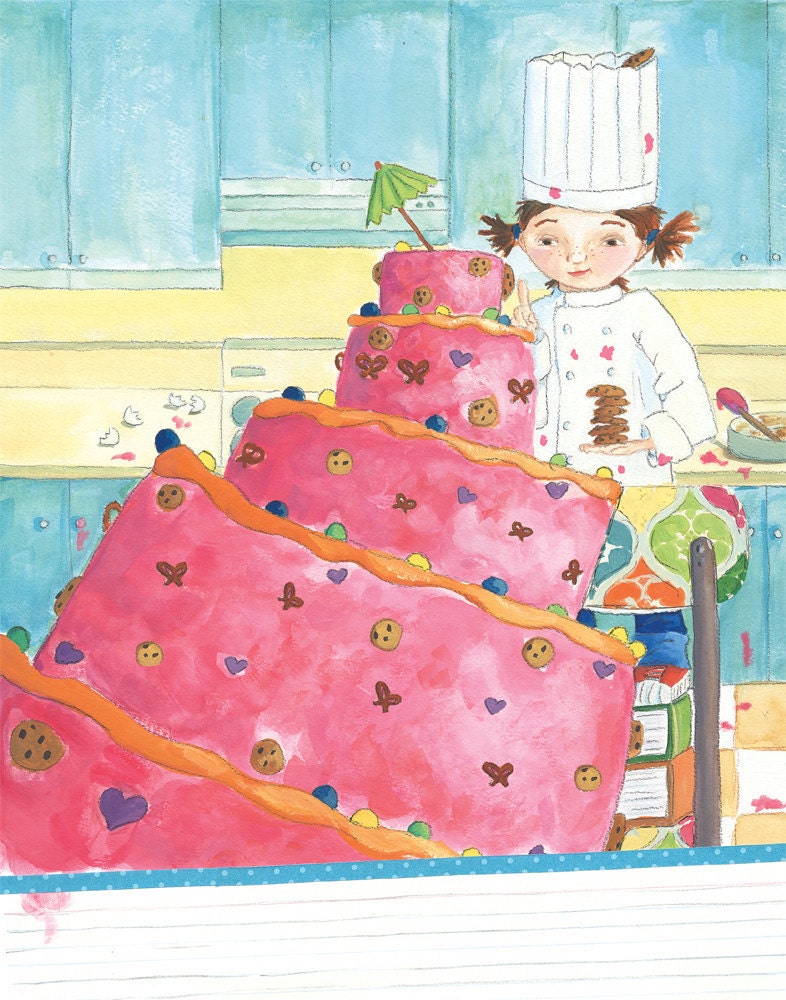 Little Girl, Cake Baker, Children's Illustration, Pink, Birthday cake, Watercolor, art (8x10 print)