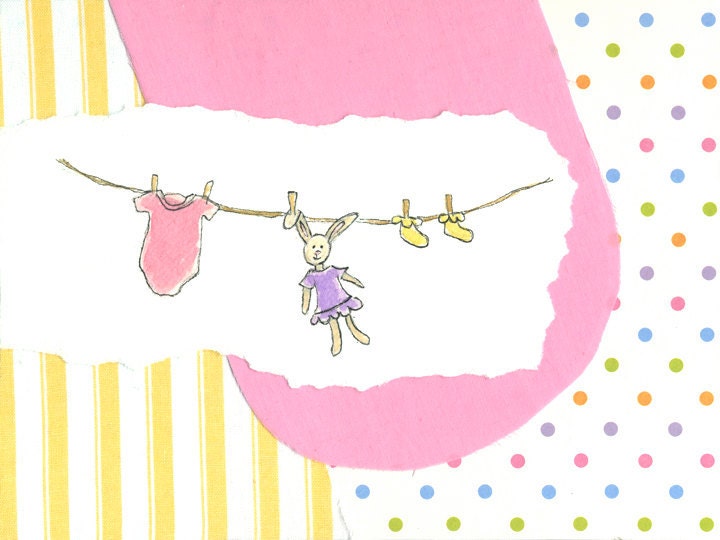 Bunny in Purple Dress, Pok a dots, Stripes, Baby Girl Art, Baby Shower (5x7 print)