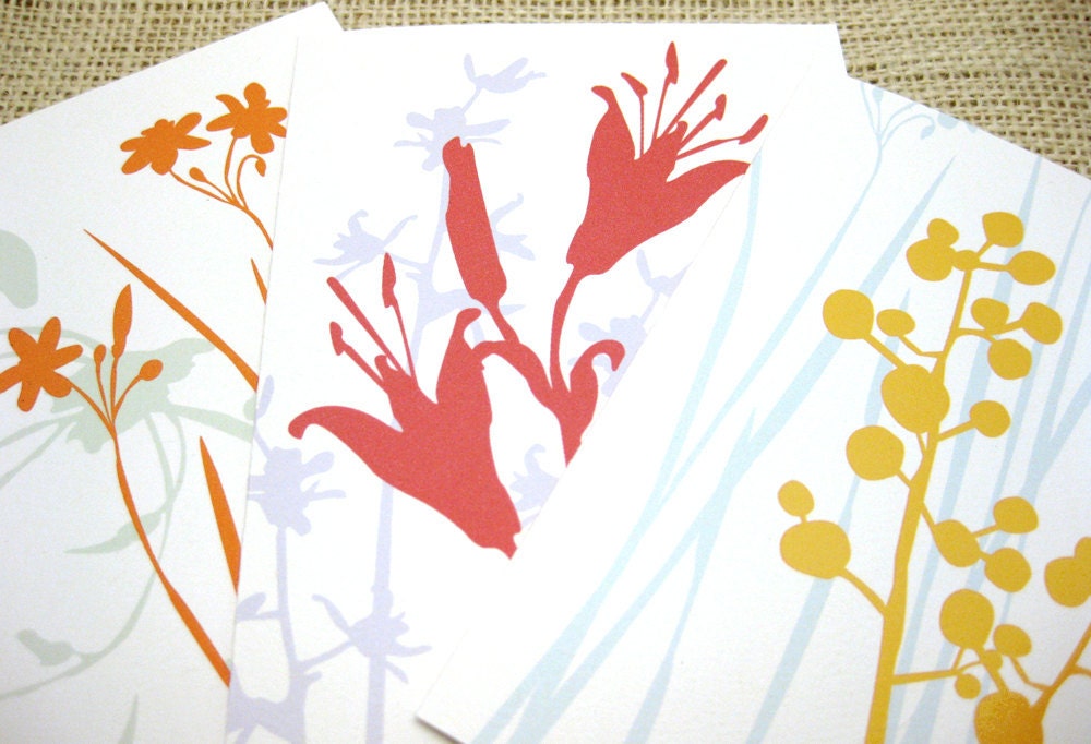 Spring, Flowers, Thank You Notes, Floral Silhouettes, Graphic Flowers, Blank, Notecards, Stationery - Set of 6
