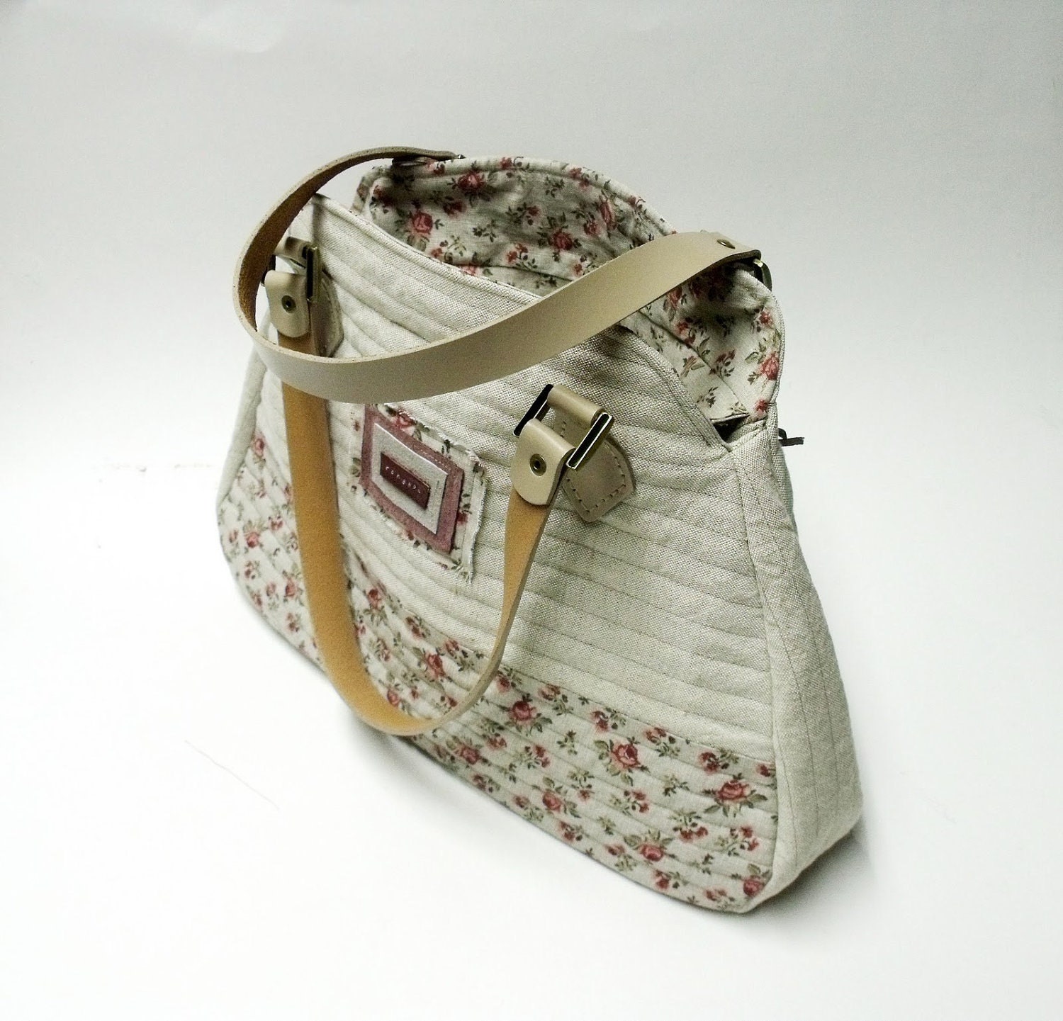 Romantic tote bag flowers shoulder bag or handbag with genuine leather handles