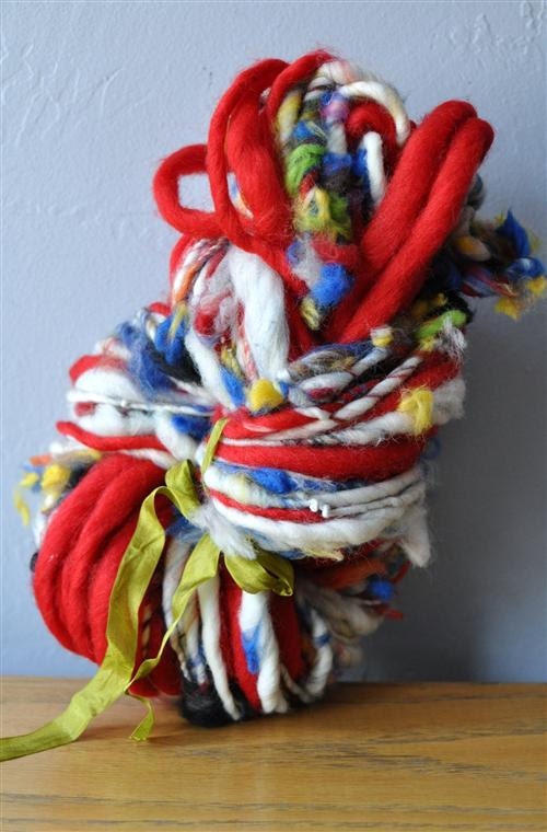 Handspun Yarn, Thick and Thin, Wool, Bulky, Red
