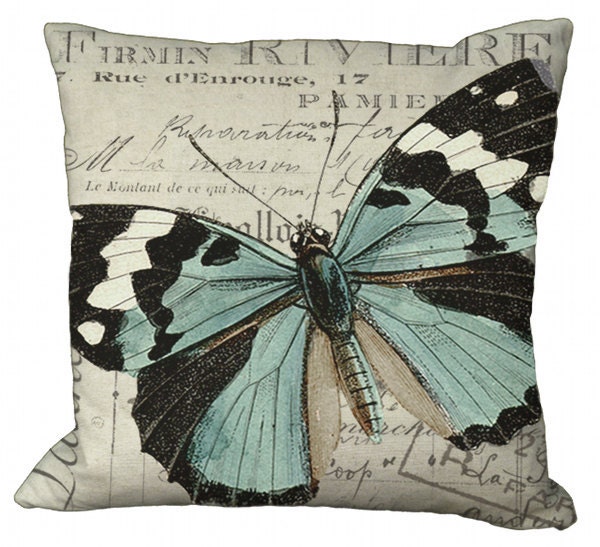 Black White & Aqua Butterfly 20x20 or 18x18 or 16x16 or 14x14 Inch Pillow Cover - Soeuralasoeur
