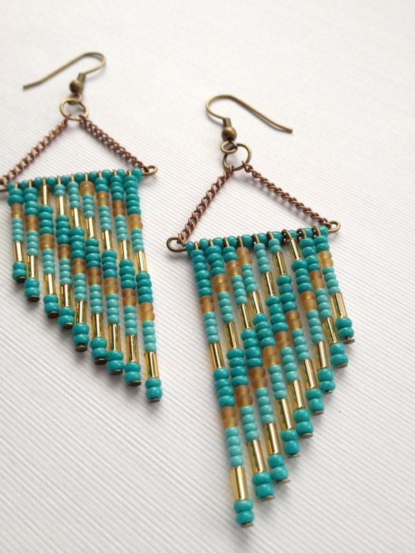 Teal, Turquoise and, Tan 70's Inspired Beaded Earrings