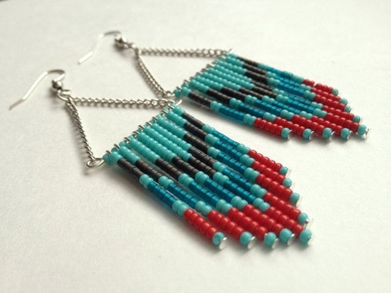Red Teal and Turquoise Beaded Earrings