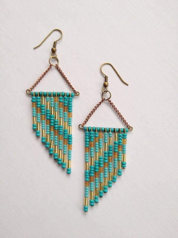 Teal, Turquoise and, Tan 70's Inspired Beaded Earrings
