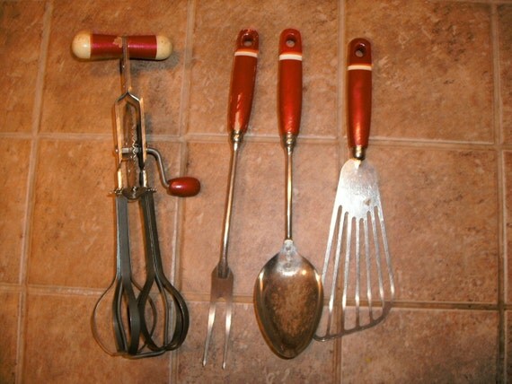 Items similar to Vintage A&J EKCO Red Wooden Handled Kitchen Utensils