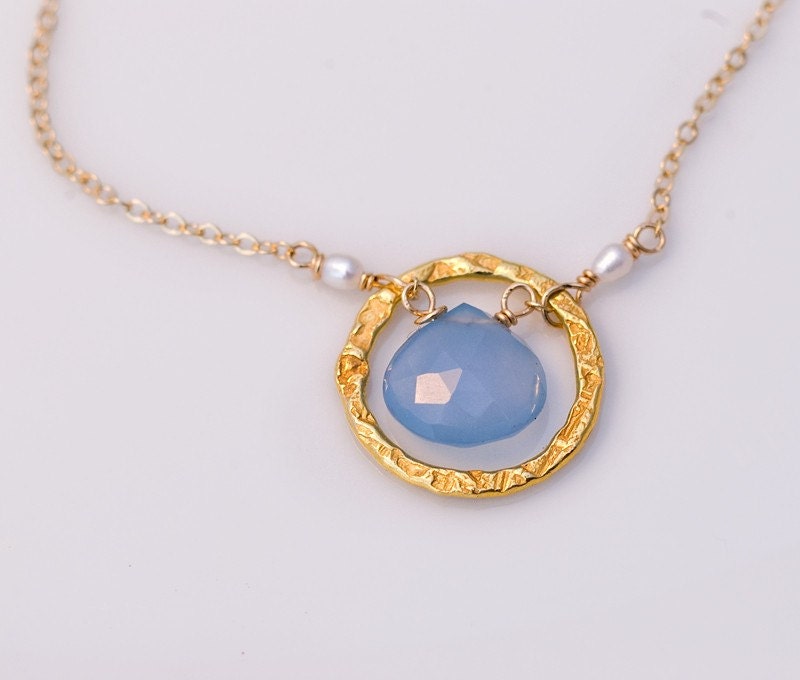 Faceted soft blue chalcedony stone and 22k Gold Vermeil Necklace with white freshwater pearls - Mother's Day Gift