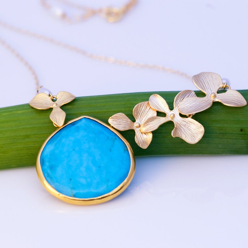Large Turquoise Drop Bezel Necklace - 16k Gold Orchid Flowers and 14k Gold Filled Chain - Mother's Day Gift