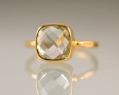 Green Amethyst Ring - Gemstone Ring - Gold Ring - Bezel Ring - Stackable Ring - Cushion Cut Ring Mother's Day Gift