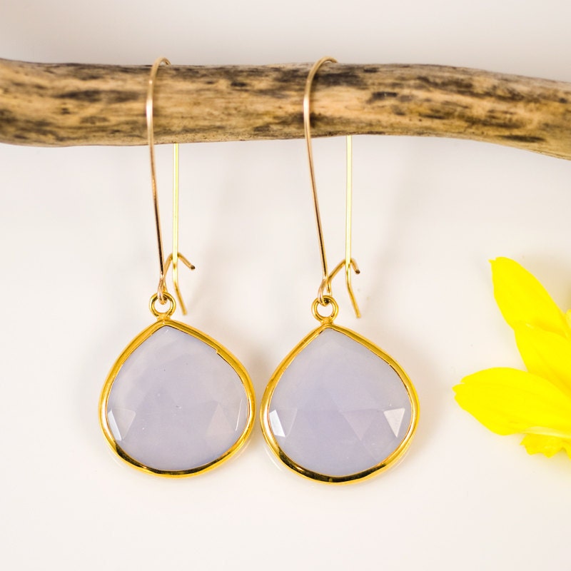 Natural Blue Chalcedony Earrings - Bezel Set Earrings - Large Gemstone Earrings - Gold Earrings