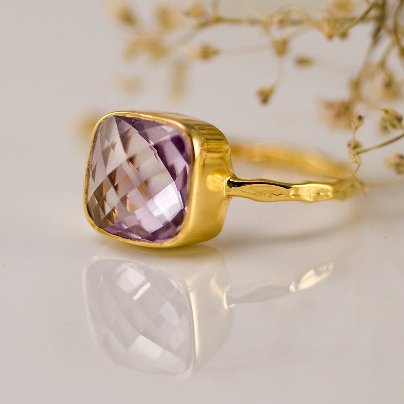 Gemstone Ring - Gold Ring - February Birthstone - Amethyst ring - Bezel Ring - delezhen