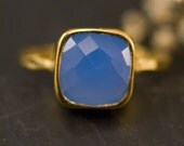 Cushion cut Deep Blue Chalcedony Ring - Gemstone Ring - Gold Ring - Bezel Set Ring - Mother's Day Gift