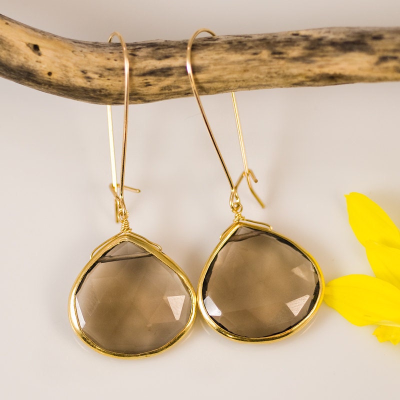 Smokey Quartz Earrings - Bezel Set Earrings - Large Gemstone Earrings ...