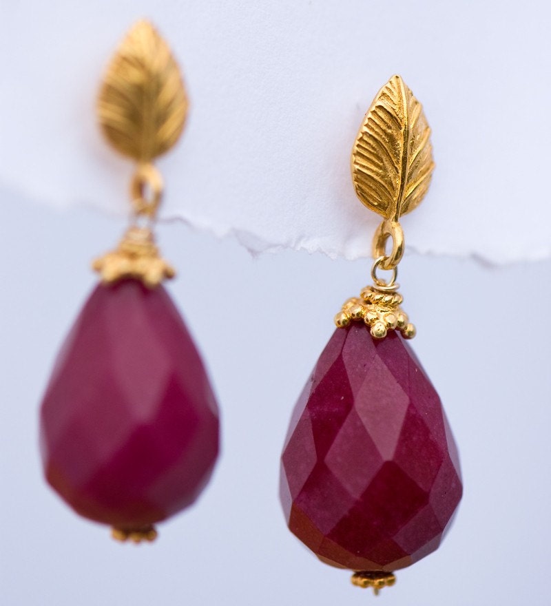 Large Ruby Quatz Drops and 22K Gold Vermeil Earrings - Mother's Day Gift