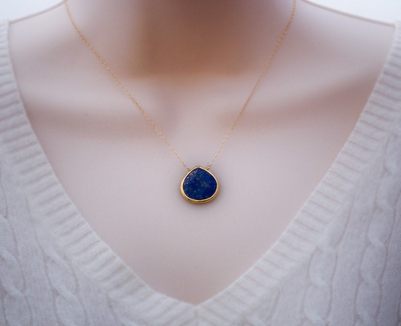 Blue Lapis Necklace - 14k Gold Filled Chain - bezel set necklace - gemstone necklace - something blue- September Birthstone -