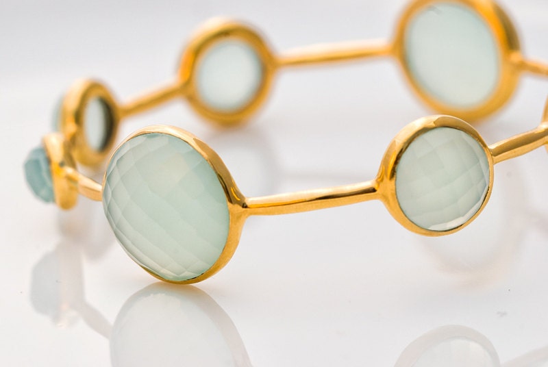 18K  Gold Plated Faceted Aqua Blue Chalcedony Bracelet - Mothers Day Sale
