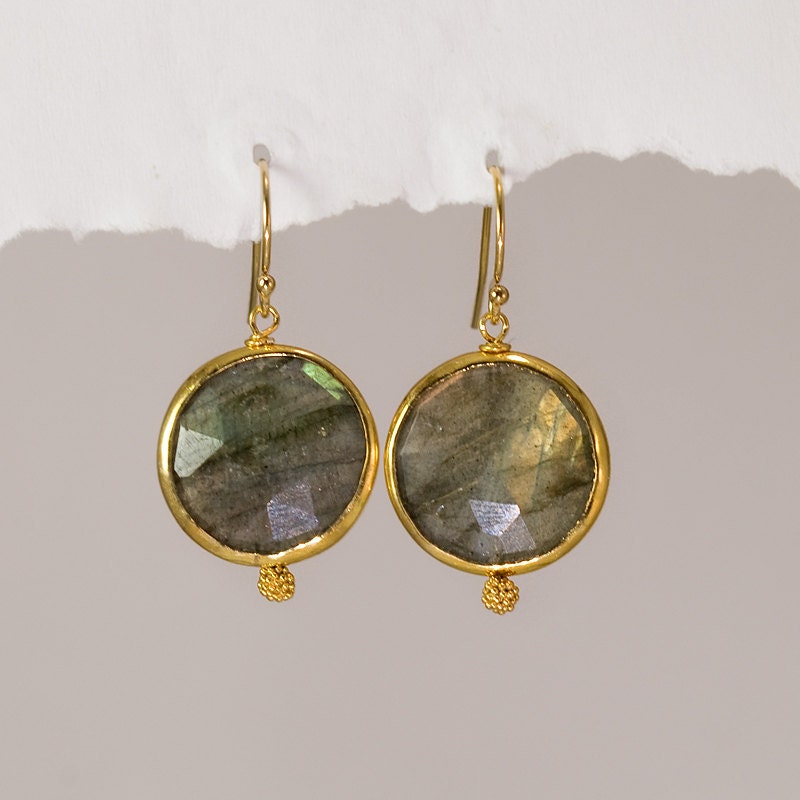 Labradorite earrings - bezel earrings - round gemstone earrings - gold earrings