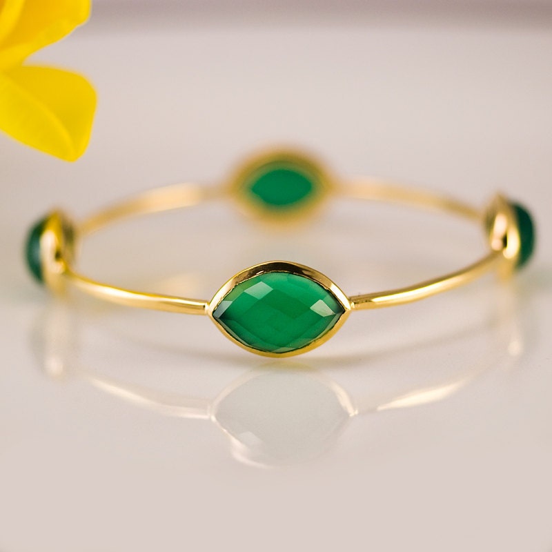 Bangle - Green Onyx Bracelet - Marquise Green Onyx Bangle - Bezel set gemstone bangle - gold bangle Mother's Day Gift