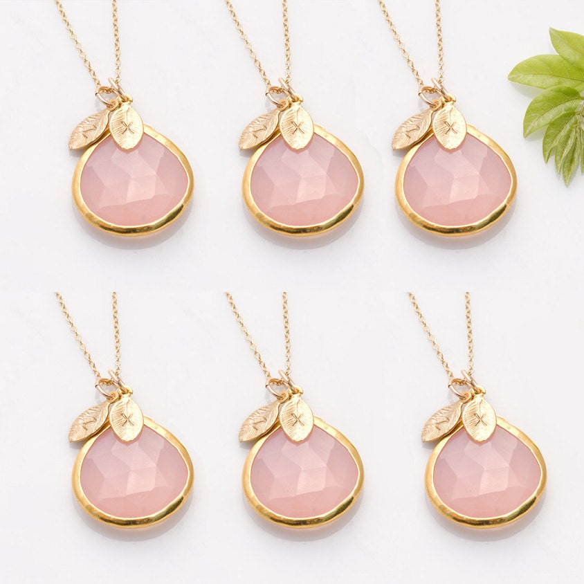 Set of 6 - Bridesmaid Stamped Jewelry - Personalized Spring Wedding Jewelry - Bridesmaid Jewelry Set - Pink Wedding - Chalcedony Necklaces
