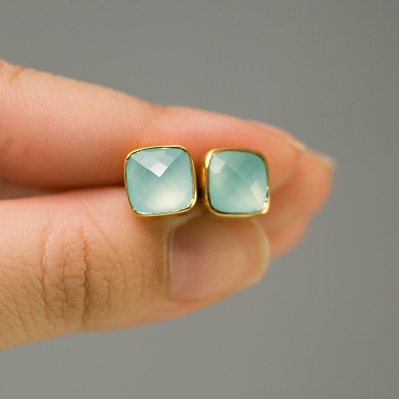 Stud Earrings - Cushion Cut Aqua Blue Chalcedony Bezel Stud Post Earrings - Gold Stud Gemstone Earrings Mother's Day Gift