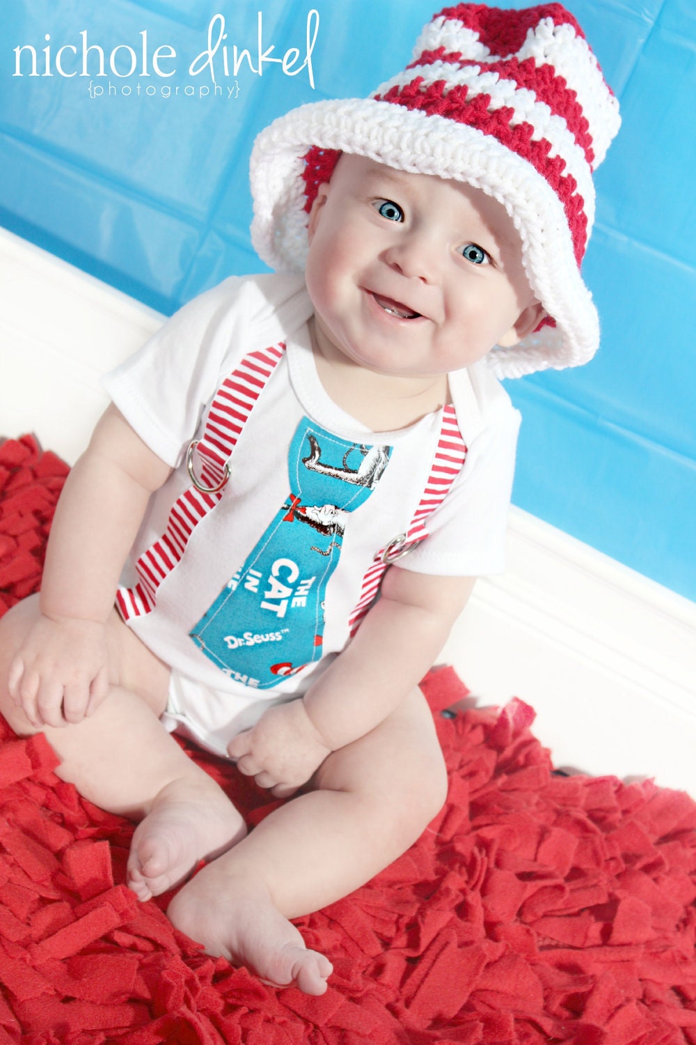 Dr. Seuss Inspired Cat in the Hat Tie & Suspenders Onesie - Made To Order -0-3M through 24M