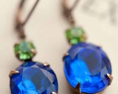 Deep Sapphire Earrings - Estate Style Vintage Glass Monaco Blue and Peridot Swarovski Rhinestone Earrings