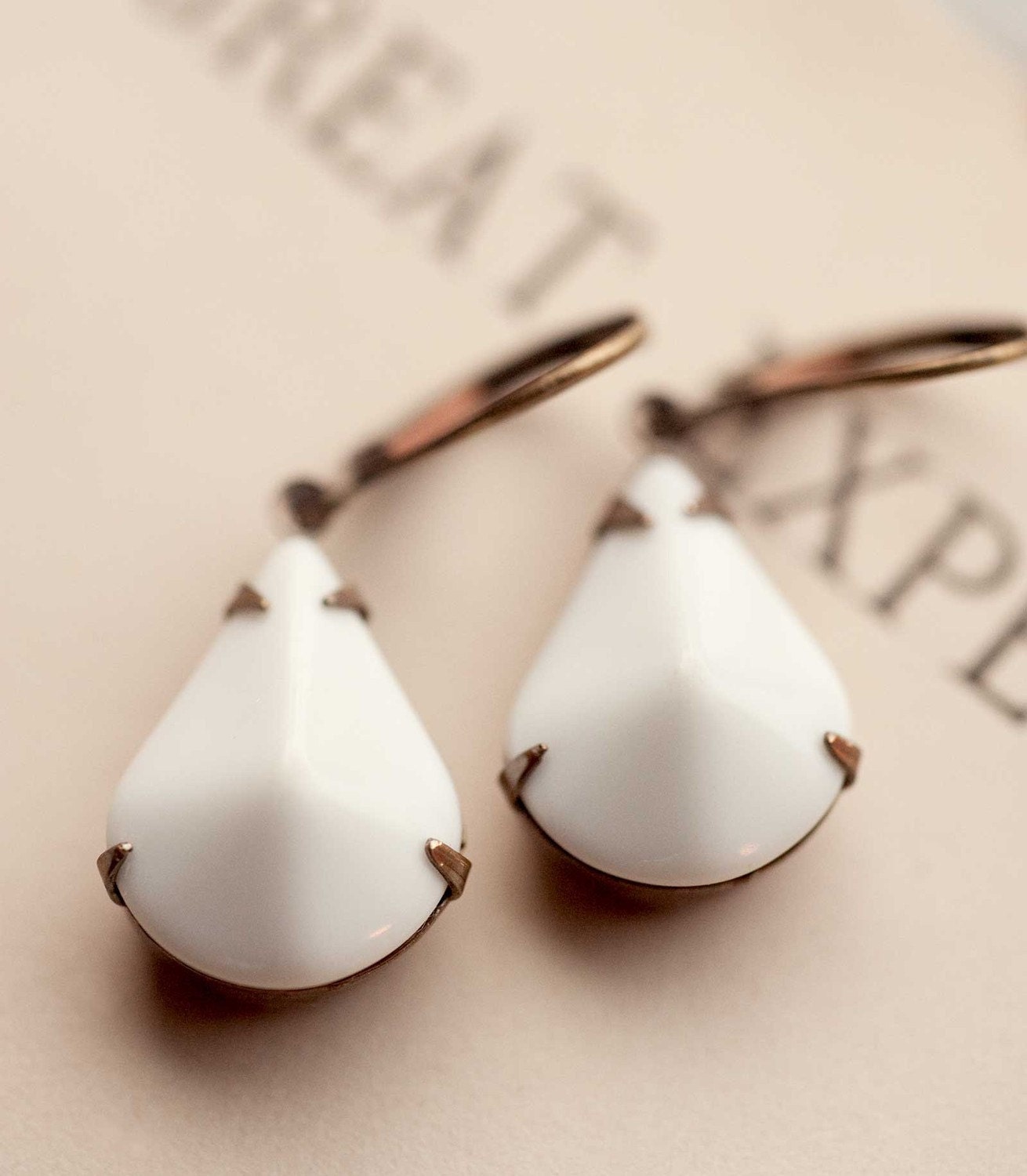 Winter white earrings estate style earrings white opaque glass teardrop winter snow