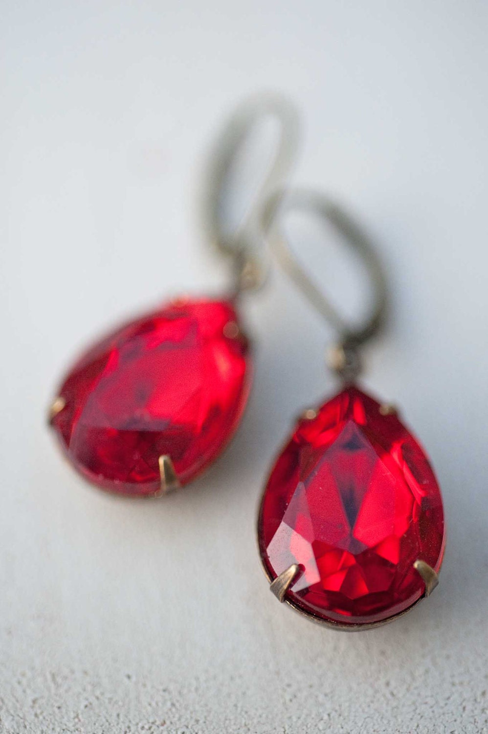 Red Earrings, Vintage Earrings, Estate Style Ruby Red Vintage Glass Pear Shaped Earrings - Scarlet