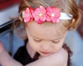 Baby Headband- Triple Strawberry Lemonade Small  Flowers on Soft White Elastic Headband